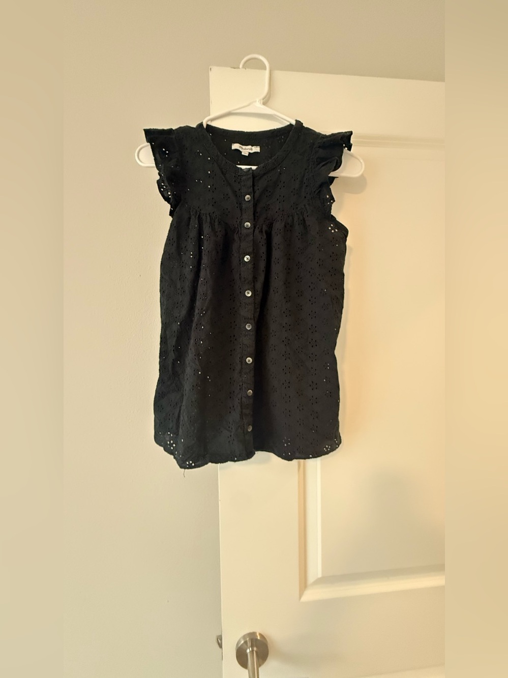 Madewell Black Eyelet Button-Front Flutter Sleeve Top